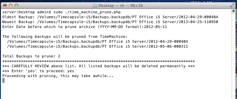Pruning of the Time Machine backups proceeding.