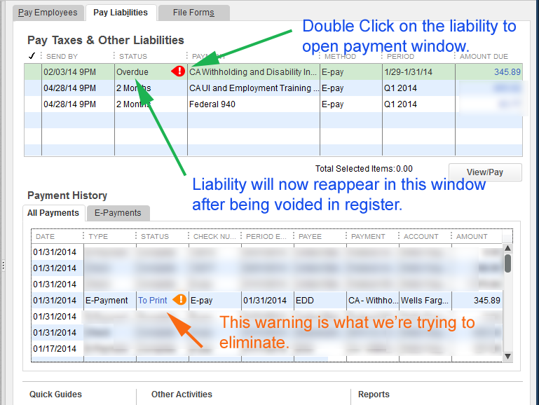 The voided E-Payment reappears in the liabilities window