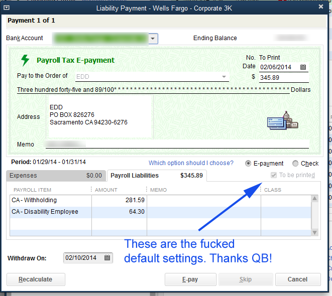 Fucked up Default settings courtesy of Intuit's poor quality control